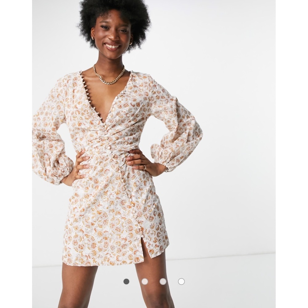 Soft‎ Prairie Paisley Print White Island Mini Dress Balloon Sleeve Eyelet Size 8